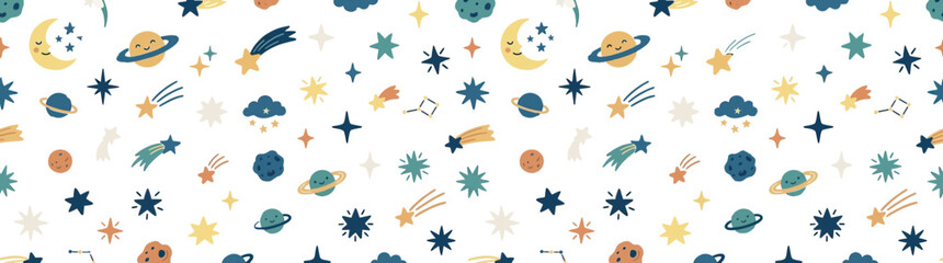 Cute Space Pattern with Moon, Stars, and Planets © puan