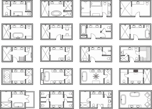 A collection of detailed floor plans showcasing various bathroom layouts, each rendered with clear architectural lines for easy visualization of space and fixture placement.