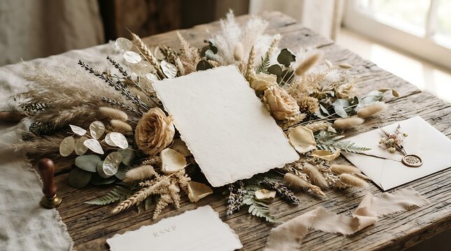 Bohemian wedding invitation stationery flat lay with dried flowers