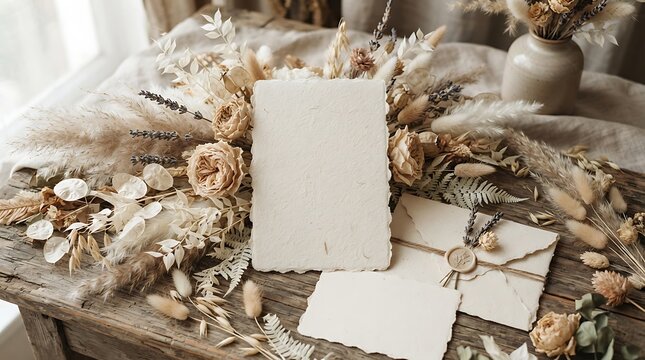 Boho wedding stationery mockup with dried flowers and handmade paper