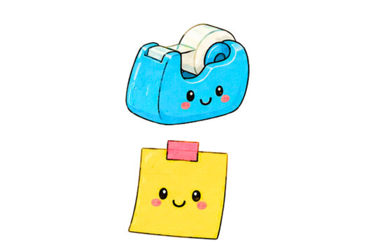 Tape dispenser and sticky note are depicted as adorable cartoon characters to add a friendly touch to office supplies.