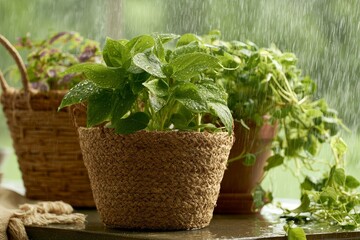 Fototapeta premium Clean composition with negative space presents after-rain potted plants outside a glass garden door with subtle seasonal details.