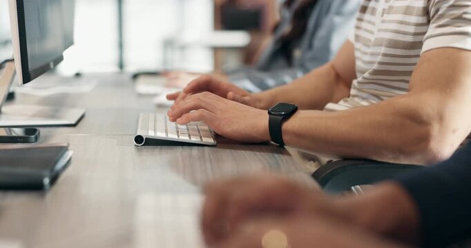 Hands, keyboard and typing in office for copywriting, research and coworking at publishing startup. Writer, technology or computer for digital marketing, review or feedback email with people at desk