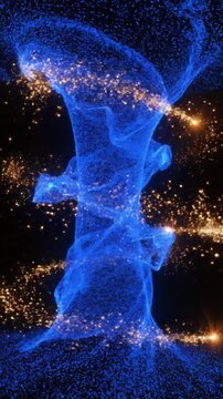 Abstract blue particle tornado rotating on black background, digital motion graphics animation.