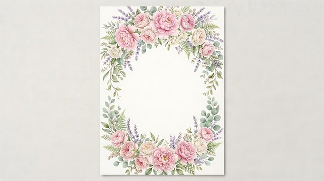 Watercolor floral frame with pink peonies and lavender isolated on white background