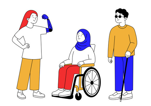 Diverse group with disabilities: a woman with a bionic prosthetic arm, a woman in a hijab in a wheelchair, and a blind man with a white cane. Vector illustration representing inclusion