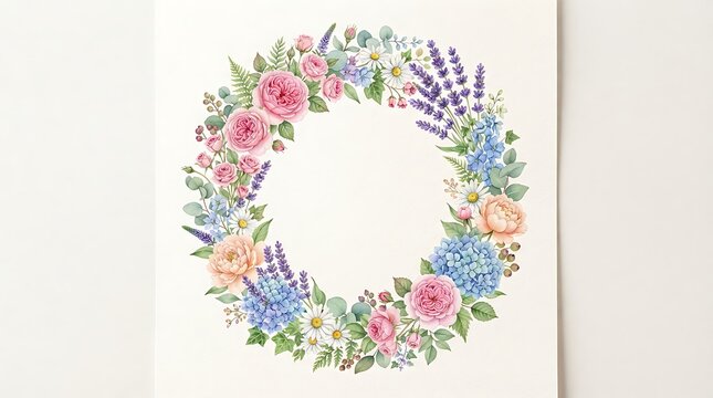 Watercolor floral wreath with roses, hydrangeas, and lavender isolated on white background
