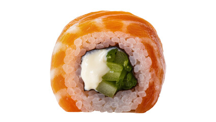 Fresh salmon and cream cheese sushi roll with cucumber, isolated on transparent background © Maria
