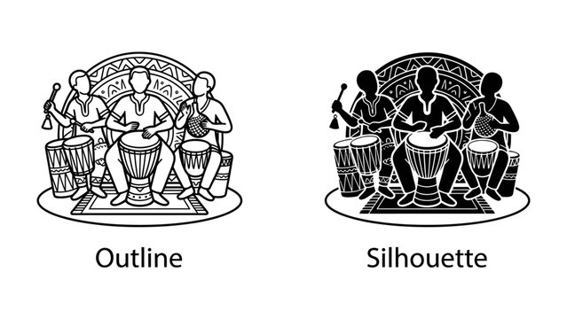 African Drumming Ensemble: A vibrant illustration depicting a group of musicians playing traditional African drums, presented in both outline and silhouette styles.