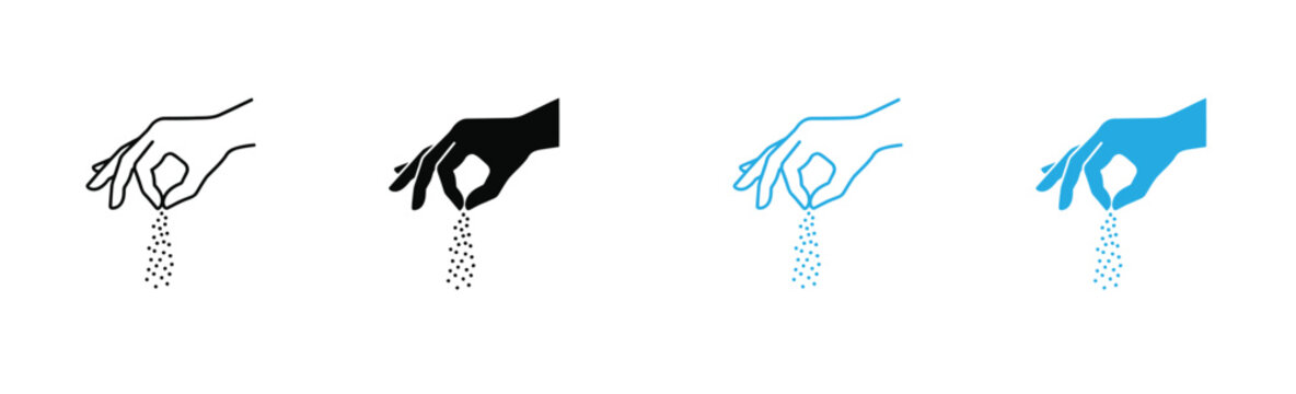 Hand Sprinkling Salt icon and Spice Icon Set Illustration - Pinch of Salt, Cooking Ingredient, Seasoning Food, Sugar Pouring, Flavoring Gesture, Seeds Sowing, Powdered Spice Sign in Line, Solid .