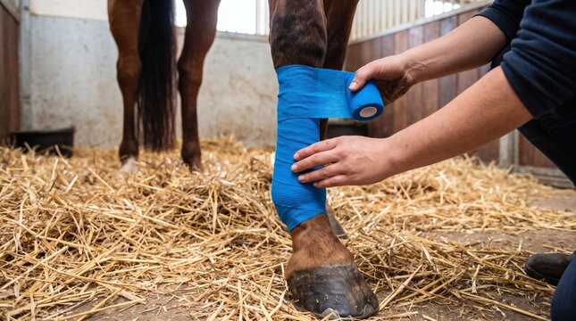 Horse Leg Bandage Application in Stable with Straw Bedding.