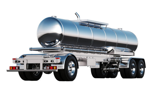 Shiny chrome tanker trailer with multiple axles, isolated on transparent background