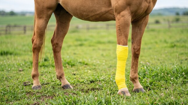 Horse with yellow bandage on its leg standing in a green field.