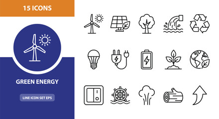 15 Green Energy linear icon set wind turbine solar panel tree water, UI and web interface design © Linedesignart