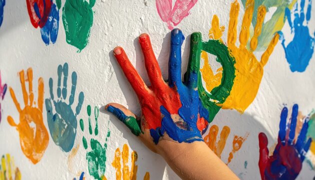 Child's multi-colored handprints on a wall, symbolizing creativity, childhood, and artistic expression