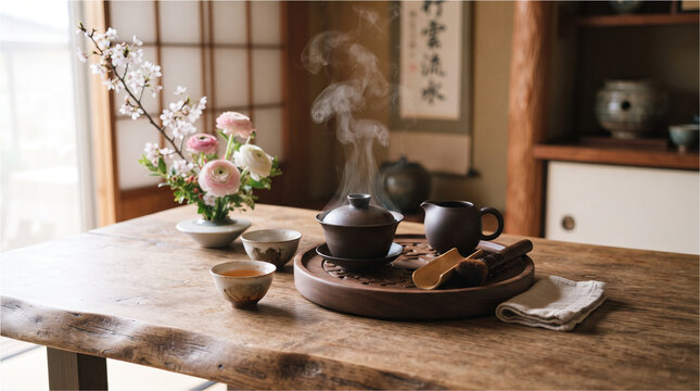 Traditional Japanese tea ceremony setup. Zen tea set on a rustic wooden table.