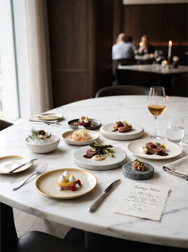 Gourmet tasting menu on marble table. Fine dining restaurant dishes with wine glass.