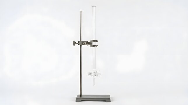 Glass burette mounted on metal stand in laboratory setting