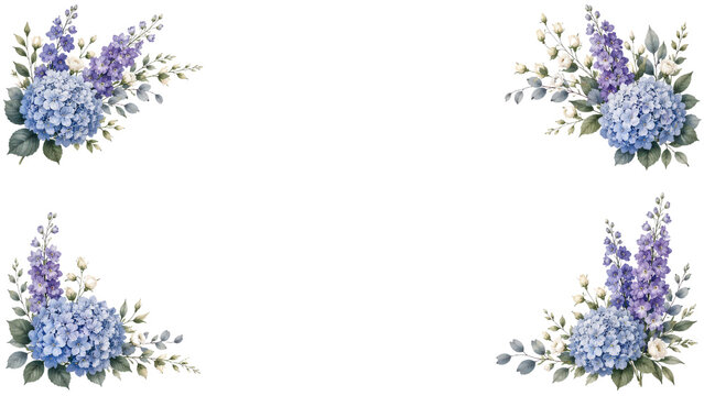 Hydrangea and Delphinium Floral Corner Frame on Transparent Background