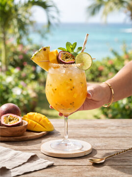 Hand holding tropical passion fruit cocktail. Refreshing exotic fruit drink on beach.