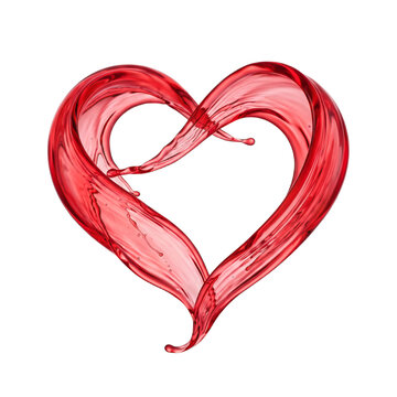 Translucent red juice fluid swirl in heart shape, liquid transparency optics isolated on transparent background