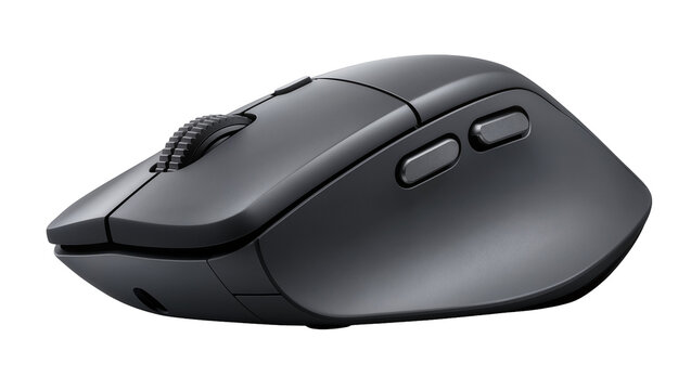 Ergonomic dark gray computer mouse with scroll wheel, isolated on transparent background