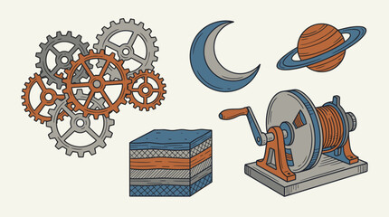 Victorian Era Gears, Geological Layers, Crescent Moon, Saturn Planet and Winch Illustration, Flat Design with Orange and Blue Accents on Cream Background © risma