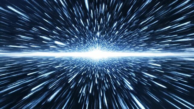 Central bright white light source emitting numerous blue and white streaks radiating outwards with a prominent horizontal lens flare beam on a dark background for cinematic backgrounds.