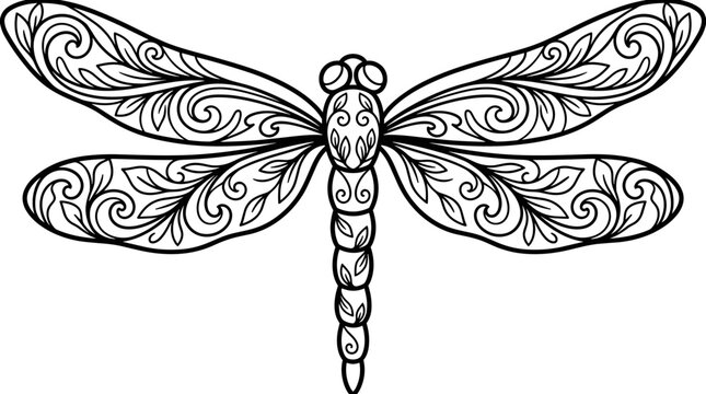 Stylized Black and White Dragonfly Vector Illustration with Intricate Swirls and Leaf Motifs, Ideal for Coloring Pages and Decorative Graphics