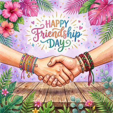Watercolor illustration of two hands shaking with friendship bracelets, tropical flowers and leaves on a wooden background for friendship day