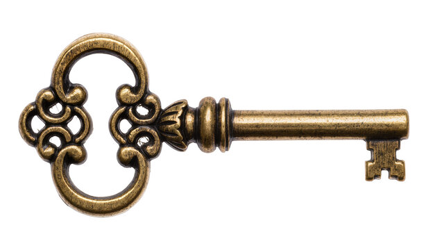 Antique ornate brass skeleton key, isolated on transparent background