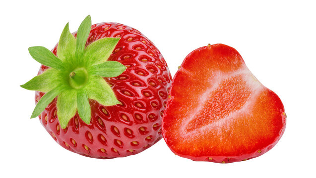 Whole ripe red strawberry with green leaves, and half strawberry slice isolated on transparent background