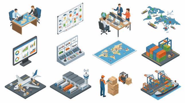 Isometric illustration of diverse business and technology concepts.