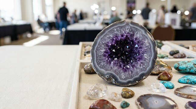 A Smooth Cut Cross Section of a Purple Geode Displayed Among Other Gemstones at a Gem and Mineral Show in Tucson Arizona cut cross section purple geode smooth gemstones gem and mineral show tucson
