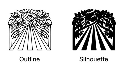 Floral Design Outline and Silhouette: A striking visual comparison showcasing a stylized floral motif, presented in both a clean line outline and a bold black silhouette. © Goro