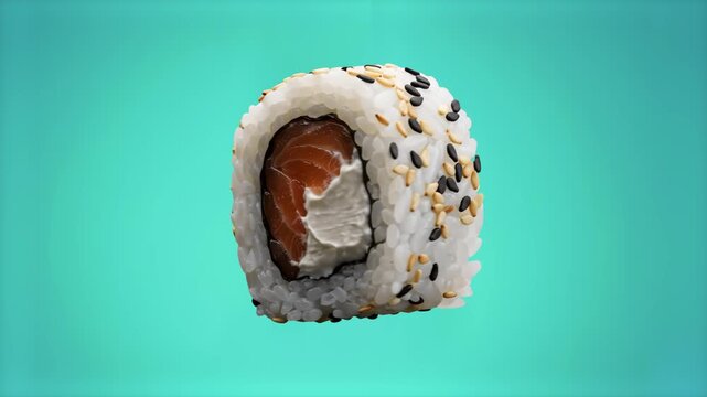 An inside-out sushi roll packed with fresh salmon and cream cheese, coated in black and white sesame seeds, set against a smooth cyan studio background. Perfect for Japanese dining advertisements, foo