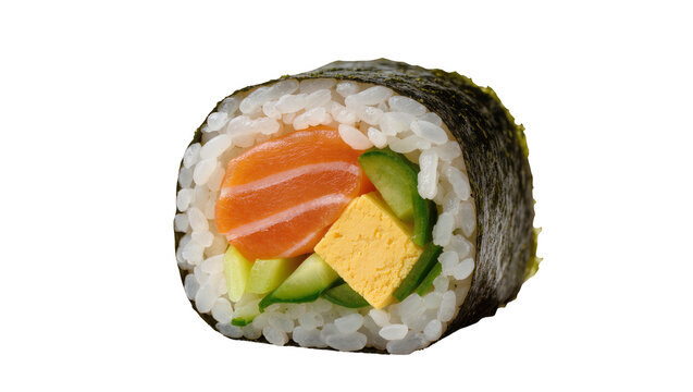 Fresh salmon and cucumber sushi roll with tamagoyaki, isolated on transparent background