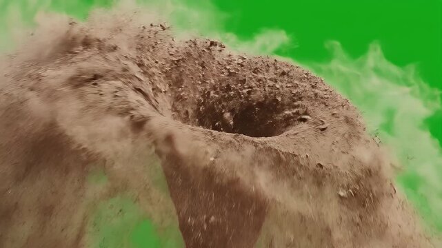Tornado Funnel Formation and Dust Ring in Bright Green Background