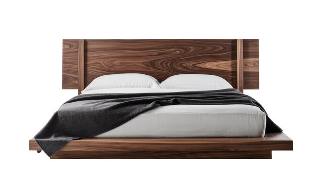 Modern walnut wood platform bed with white linens and dark gray throw, isolated on transparent background