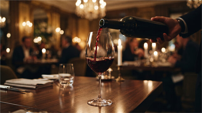Waiter pouring red wine into glass. Sommelier serving fine wine at a luxury restaurant.