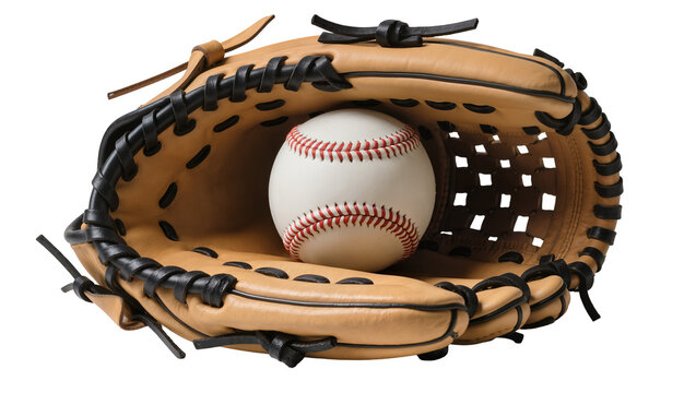 Leather baseball glove cradling a white ball with red stitching, isolated on transparent background