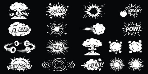 Set of various comic book explosion sound effect bubbles with white line art on a solid black background © GraphixEra