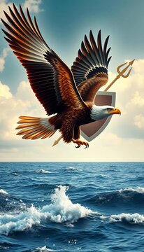 Eagle soaring above sea, with shield and trident in the background, Shield, Liberty