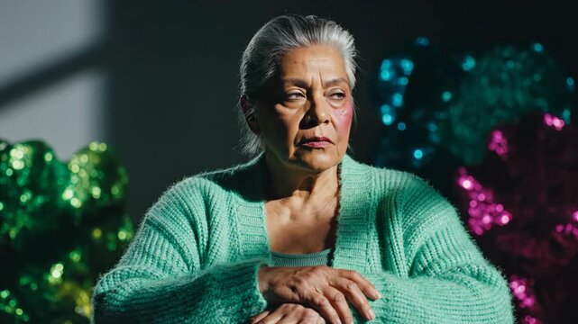 Senior Individual with Warm Olive Complexion in Mint Green Cardigan Striking Contemplative Pose in Moody Window Lighting