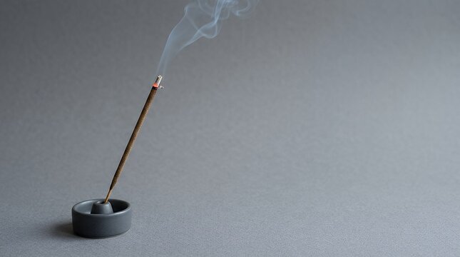 A burning aromatic incense stick with cinder and smoke on a gray background with copy space used for aesthetic reasons aromatherapy meditation and ceremony promoting relaxation after yoga. burning