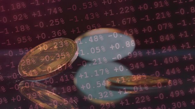 Falling cryptocurrency coins with a red stock market ticker overlay showing negative percentages, representing a market crash and financial loss.