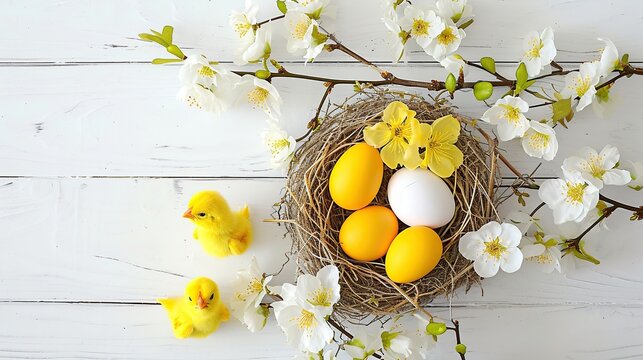 Bright Yellow Eggs and Miniature Yellow Chicks in a Nest Amid White Blossoms on White Wooden Planks