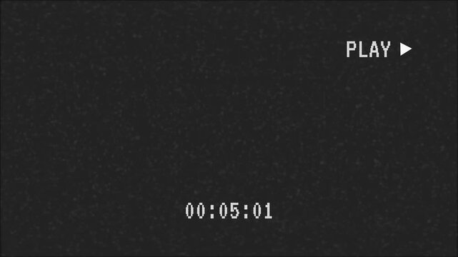 This stock motion graphic shows an overlay with a VHS play effect. Retro vhs tapes playing with play and static lines effect. Old VHS play and timecode. 4K Video.