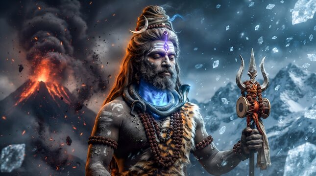 Lord Shiva as Neelkanth with glowing blue throat holding trishul