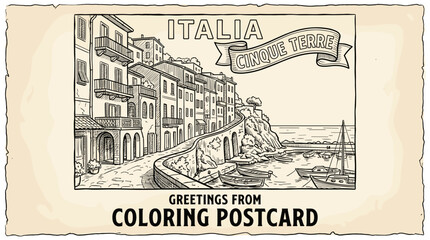 Black and White Line Art Coloring Page of Italian Coastal Village with Cinque Terre Banner, Boats in Harbor, and Textured Postcard Background © titin
